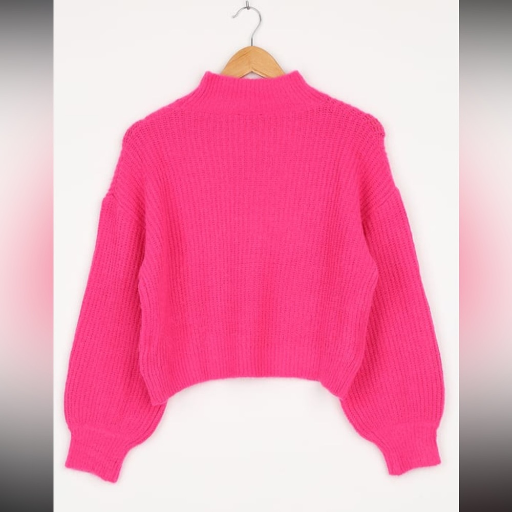 Lulus bright and cheery hot pink knit mock neck balloon sleeve sweater perfect